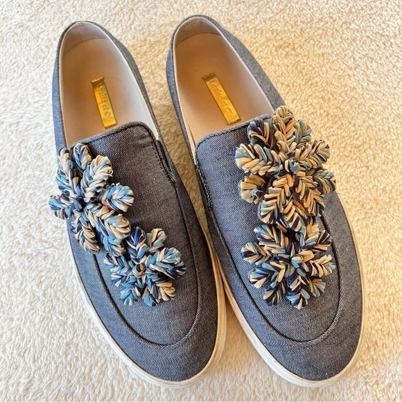 ANTHROPOLOGIE LOUISE ET CIE DENIM FLORAL RAFFIA TRIM SNEAKERS SLIDES SIZE 9.5 - Picture 10 of 11